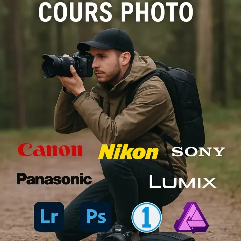 Photographer Kneeling Outdoors with Camera Gear