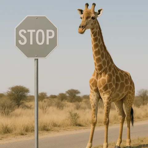 Silver Stop Sign Positioned Beside a Tan-colored Giraffe