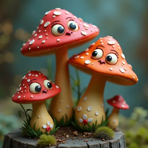 Smiling Claymation Mushrooms of the Fantasy Realm