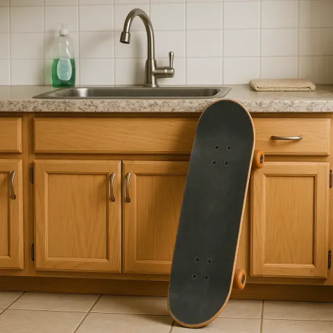 Skateboard Propped Up Against a Kitchen Counter