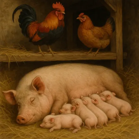 Sow Resting with Her Piglets in Hay Alongside a Chicken