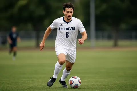 Soccer Player in a White UC Davis Jersey