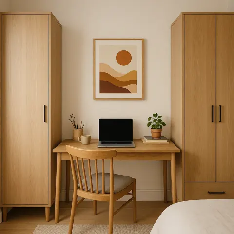 Small Bedroom Workspace Featuring a Wooden Desk with a Laptop
