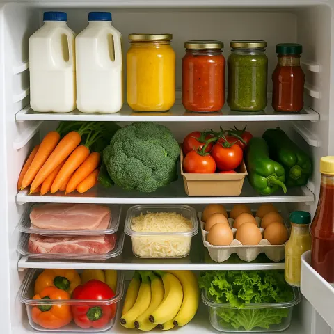 Refrigerator Filled with Assorted Groceries Including Milk Cartons