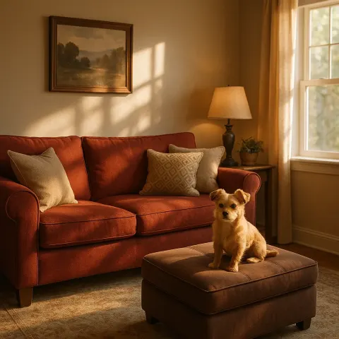 Cozy Living Room Featuring a Red Sofa with Cushions