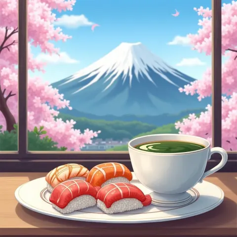 Sushi and Green Tea Beneath Mount Fuji