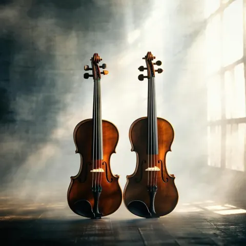 Two Violins Standing in Cinematic Shadow