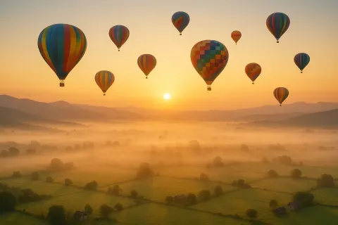 Numerous Colorful Hot Air Balloons Drift Serenely over a Vast