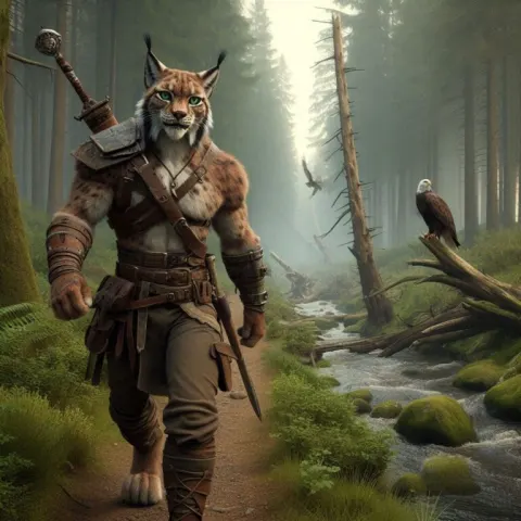 Muscular Lynx Warrior Walking Forest Path