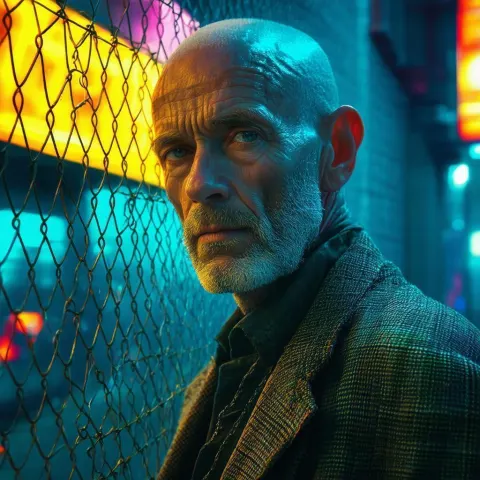 Weary Cyberpunk Fence at Neon Sunset