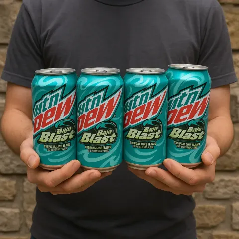 Person Holds Four Cans of Mountain Dew Baja Blast
