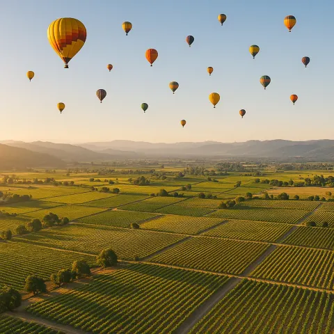 Scattered Procession of Numerous Hot Air Balloons Drifts Serenely