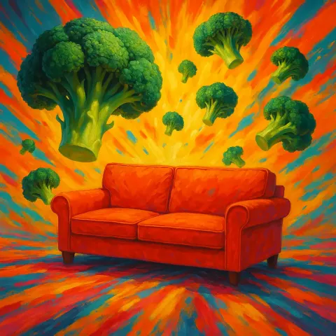 Animated and Surreal Environment Showcasing a Sofa with Broccoli Soaring