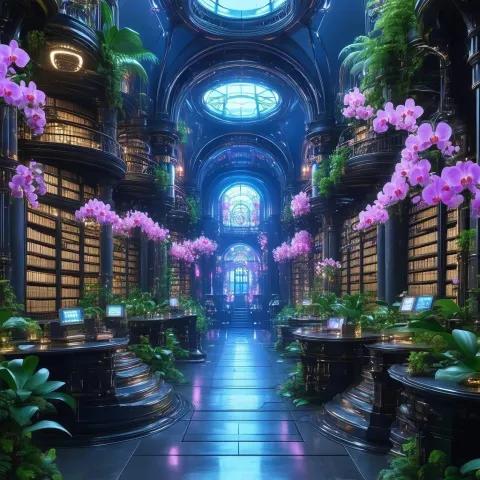 Orchid Overgrown Library With Mechanical Windows