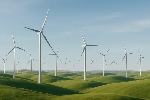 Numerous Slender Wind Turbines Stand Arrayed Across Vast