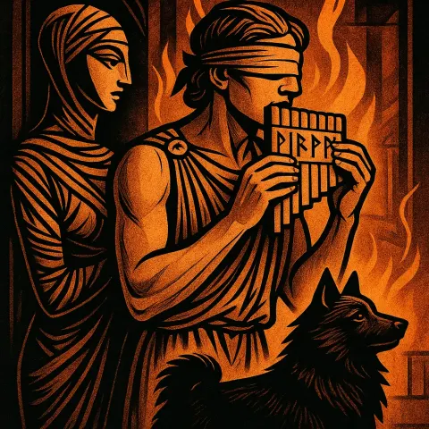 Art-deco Wrapped Figure Watches a Blindfolded Companion in Ancient Attire