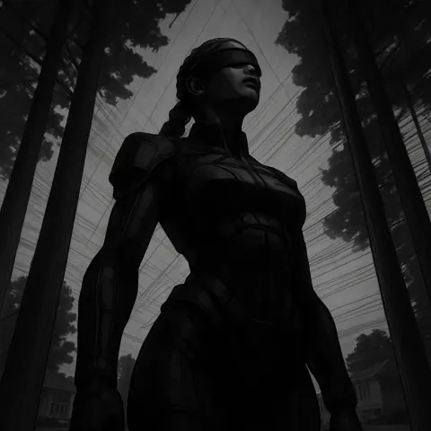 Towering Female Icon in Futuristic Cyberpunk Sci-fi Clothing Commands