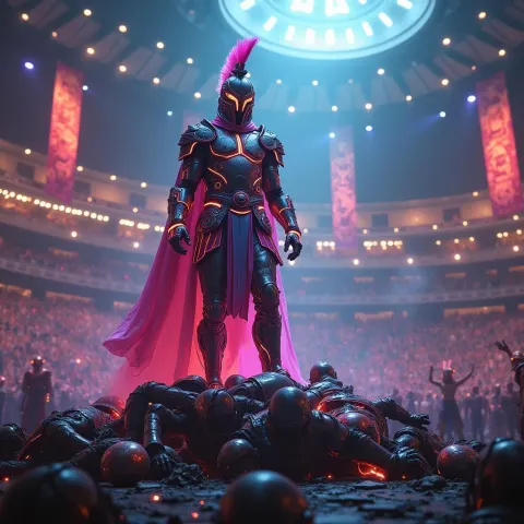 Victorious Chrome Gladiator in Cyber Colosseum