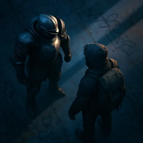 Armored Champion and a Backpacked Figure Converge on a Graffiti-covered