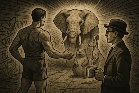 Athletic Figure Gestures Towards a Coarse-skinned Elephant