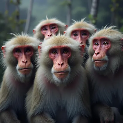 Shaggy Tibetan Macaques in Group Portrait
