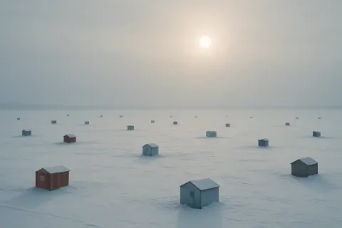 Numerous Tiny Ice-fishing Huts Are Sparsely Scattered Across a Vast