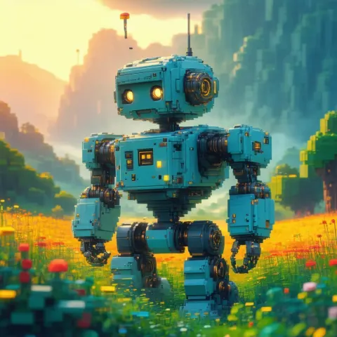Adventurous Pixel Robot in Golden Field