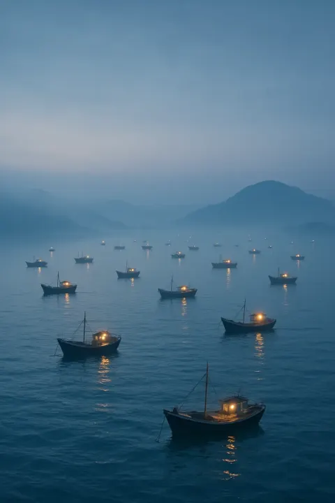Numerous Tiny Fishing Boats Are Scattered Across a Vast