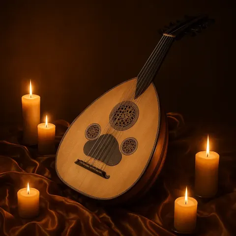 Ancient Oud Placed Upon a Luxurious Silk Fabric