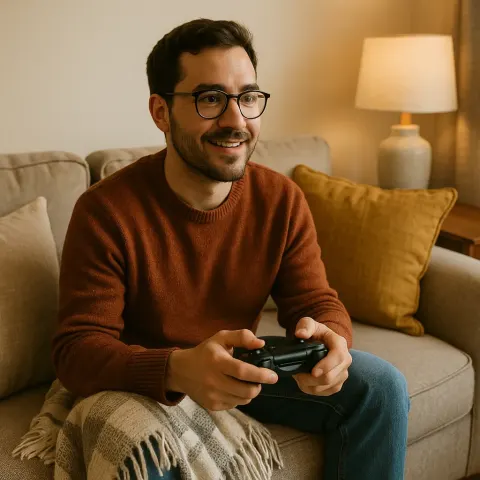Person Sitting on a Couch Holding a Video Game Controller