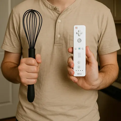 Person Wearing a Beige Shirt Is Holding a Black Whisk