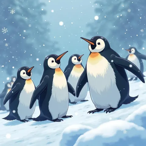 Anime Penguins Huddled in Swirling Snowstorm