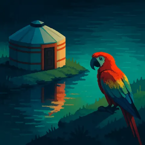 Macaw and Yurt in Isometric Pixel Art Beside Calm Water