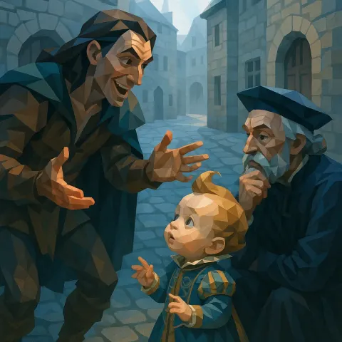 Deep-set-eyed Heroic Fantasy Performer Animatedly Engages a Curious