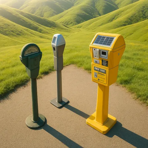 Three Distinct Parking Meters—a Classic Single-head Cylindrical Top in Slightly