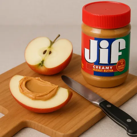 Sliced Apple with Peanut Butter Is Shown Alongside a Jar
