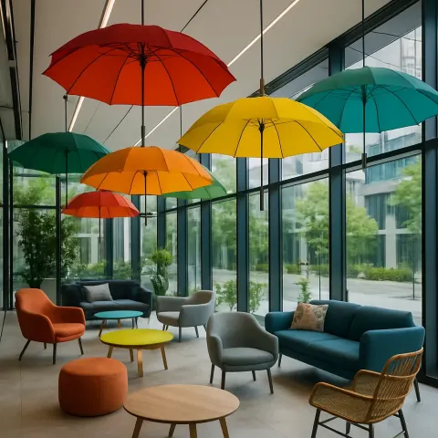 Modern Indoor Space with Large Colorful Umbrellas