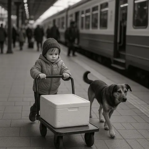 Child Pushes a Cart with a Styrofoam Box