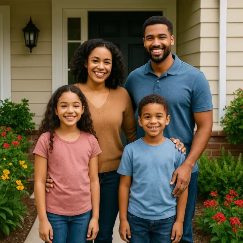 Four Family Members Pose Together Outside their House