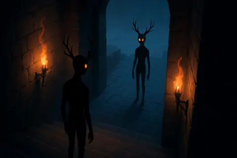 Two Varied Buckeyes Silhouetted by Cool Twilight in Torch-lit Chambers
