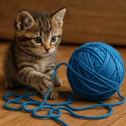 Small Cat Is Playing with a Spool of Blue Yarn