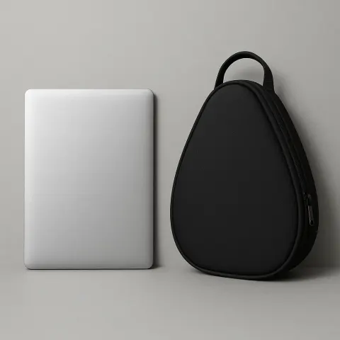 Sleek Black Laptop Bag in a Teardrop Shape Positioned