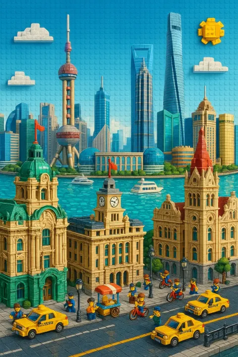 Highly Detailed and Vividly Colorful LEGO-style Representation of the Shanghai