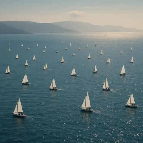 Scattered Fleet of Numerous Small Sailboats Glides Across an Immense
