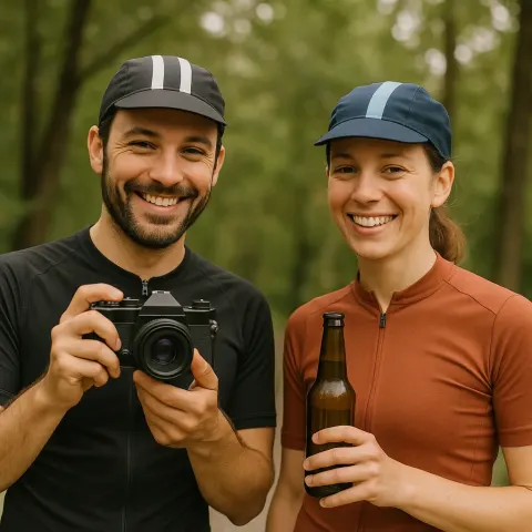 Two People Outdoors Wearing Cycling Caps