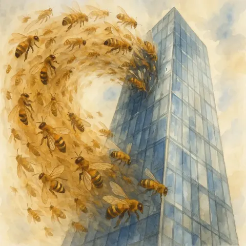 Gentle Watercolor Depiction of Bees Spiraling in a Chaotic Vortex