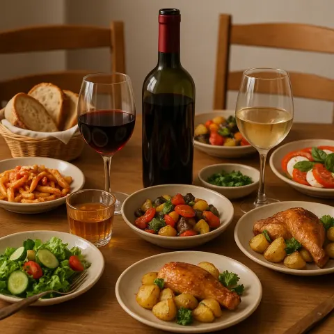 Arrangement of a Dining Table Featuring a Variety of Meals