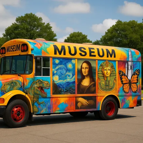 Vibrant School Bus Adorned with Artistic Designs Featuring Highlights