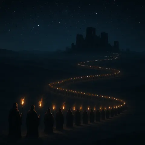 Vast Procession of Robed Figures Carrying Flickering Torches Snakes
