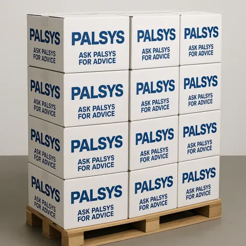 Stacked Pallet of White Boxes with Blue "PALSYS"